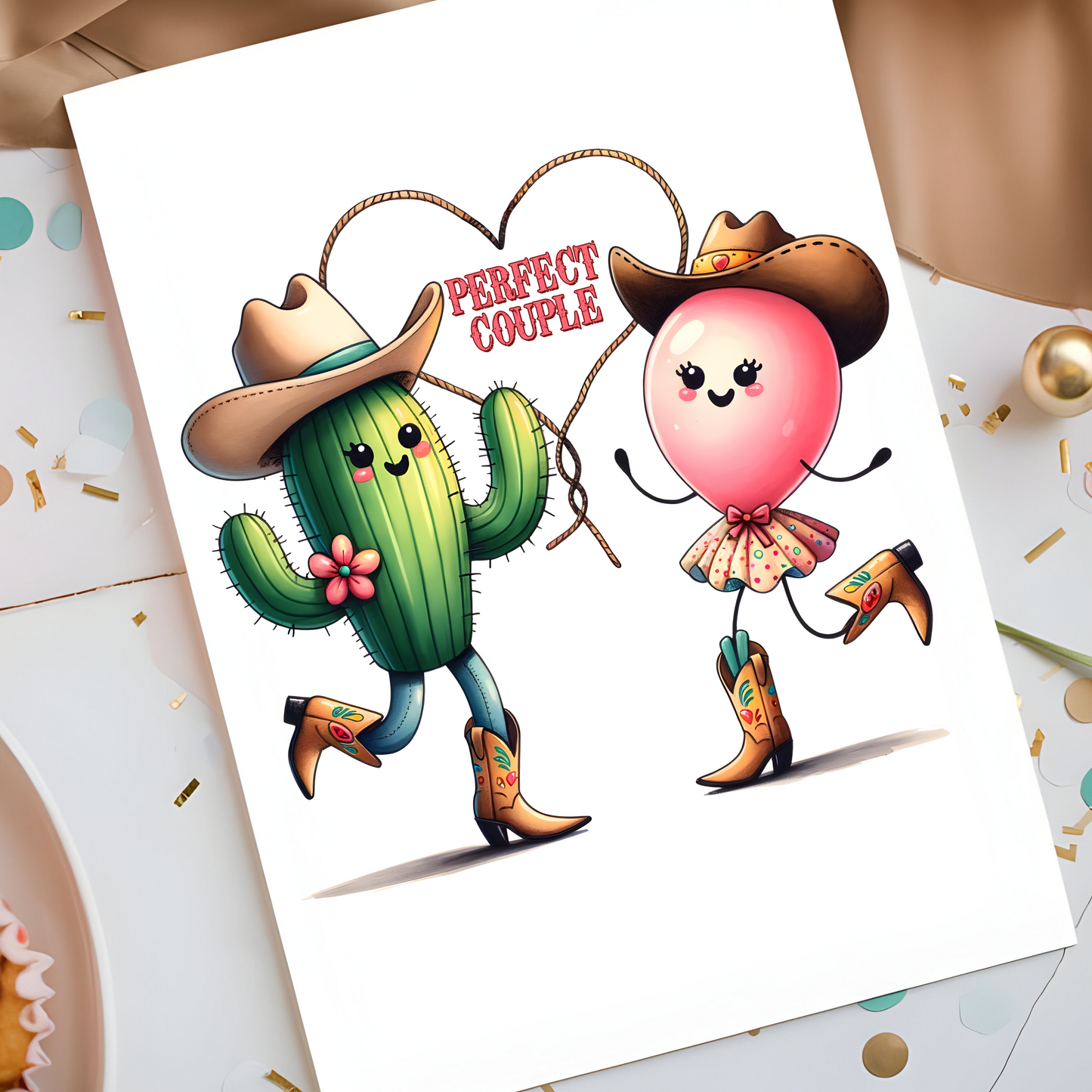 Perfect Couple Cactus and Balloon Card - Funny Cowboy-Themed Love Greeting - Cute Western Valentine’s or Anniversary Card - Blank Inside