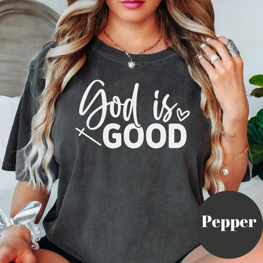 God Is Good Comfort Colors® Shirt, Christian Graphic Tee, Faith Shirt for Women, Cute Bible Verse Shirt, Cross and Heart Religious Tee