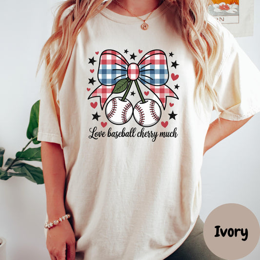 Love Baseball Cherry Much Comfort Colors® Shirt, Cute Baseball Bow Tee, Red White Blue Game Day Shirt, Softball Mom Shirt, Patriotic Tee