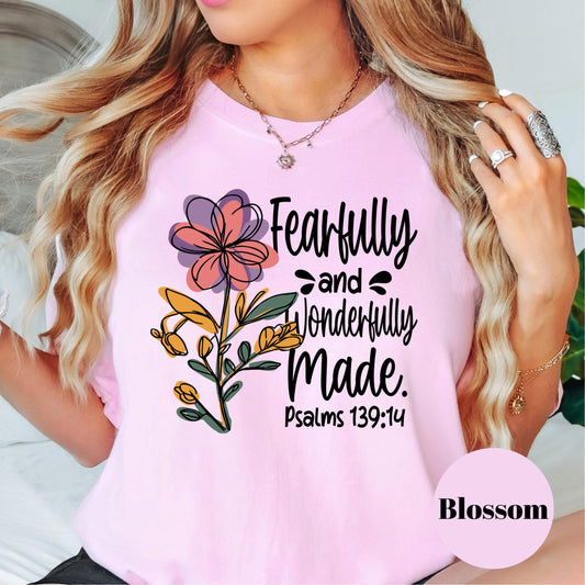 Fearfully and Wonderfully Made Comfort Colors® Shirt, Christian Floral Bible Verse Tee, Psalms 139:14 Shirt, Faith-Based Tee, Inspirational