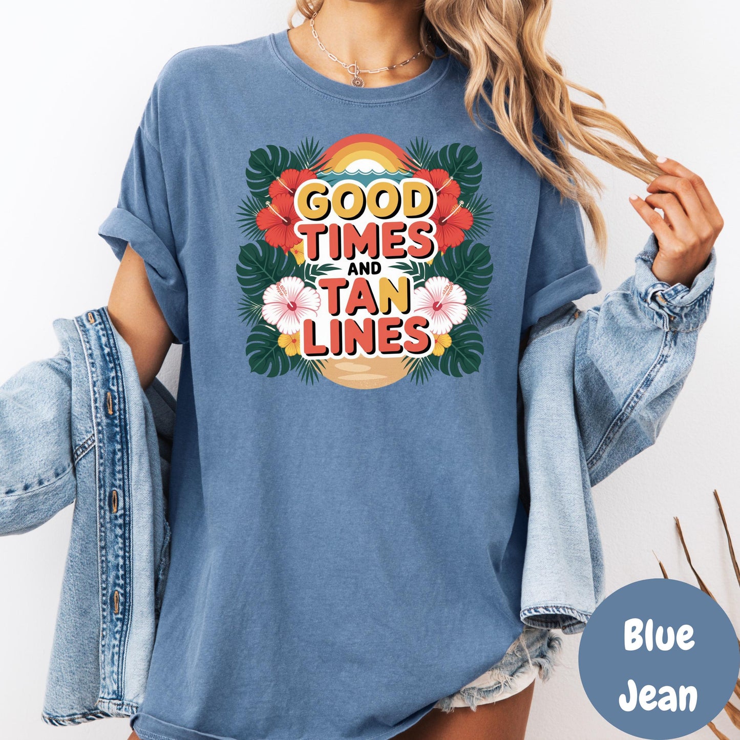 Good Times and Tan Lines Comfort Colors® Shirt, Tropical Summer Graphic Tee, Beach Vibes Shirt, Vacation T-Shirt, Retro Floral Tee