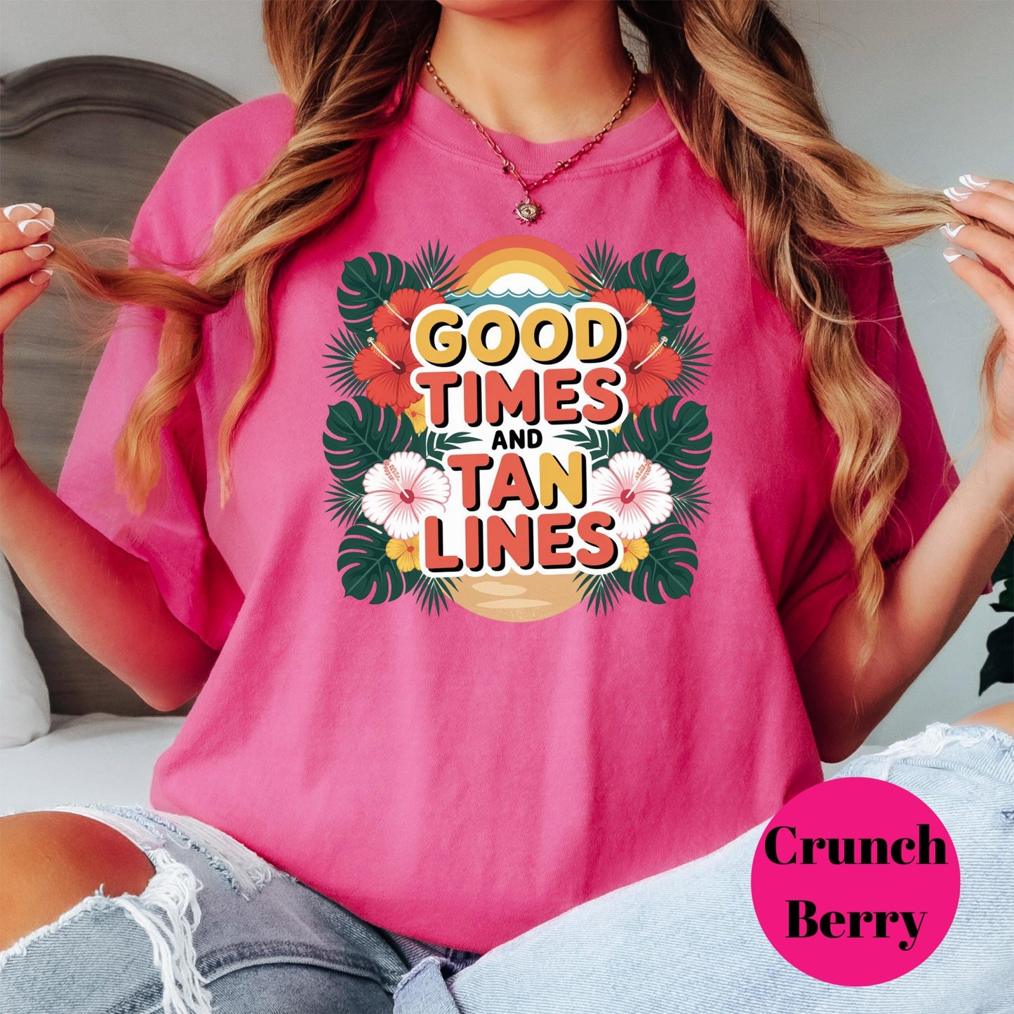 Good Times and Tan Lines Comfort Colors® Shirt, Tropical Summer Graphic Tee, Beach Vibes Shirt, Vacation T-Shirt, Retro Floral Tee