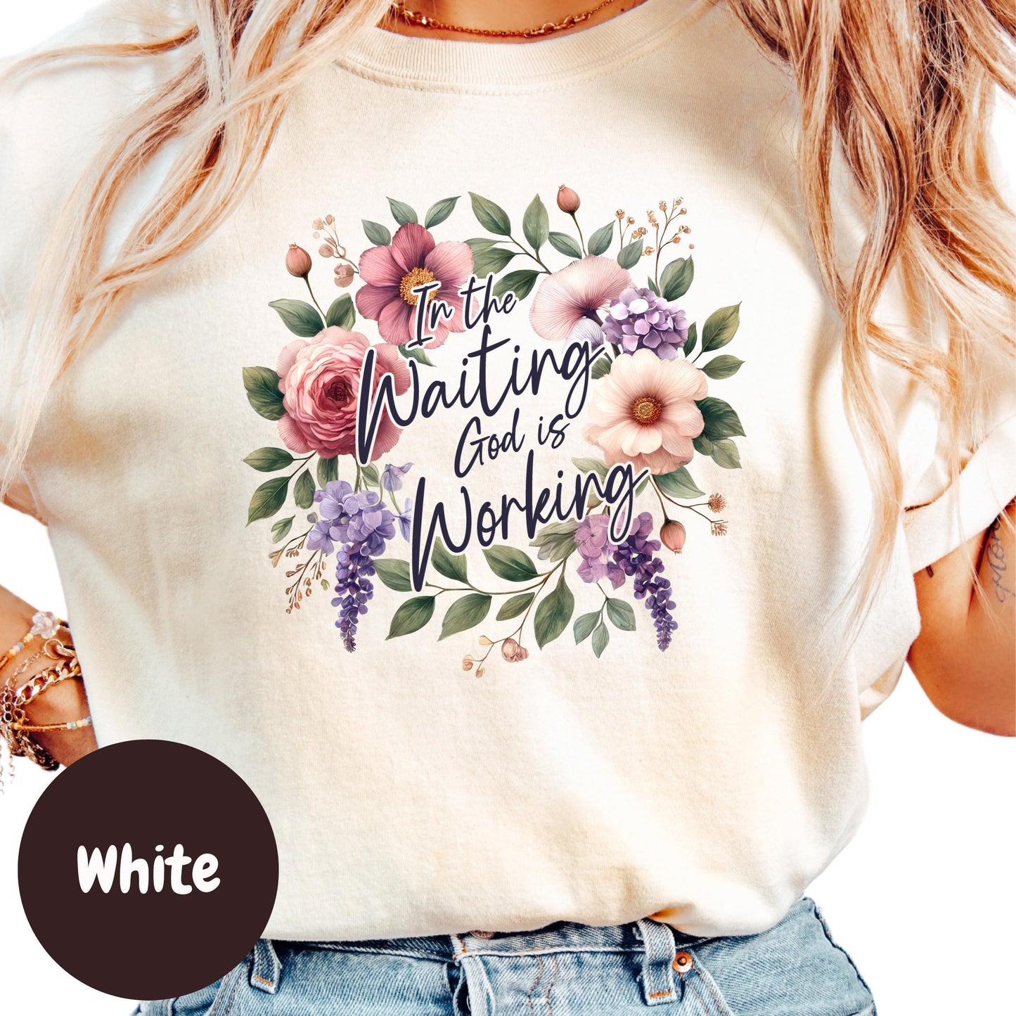 In the Waiting God Is Working Shirt, Floral Christian Shirt, Inspirational Bible Verse Shirt, Faith Shirt for Women, Religious Gift