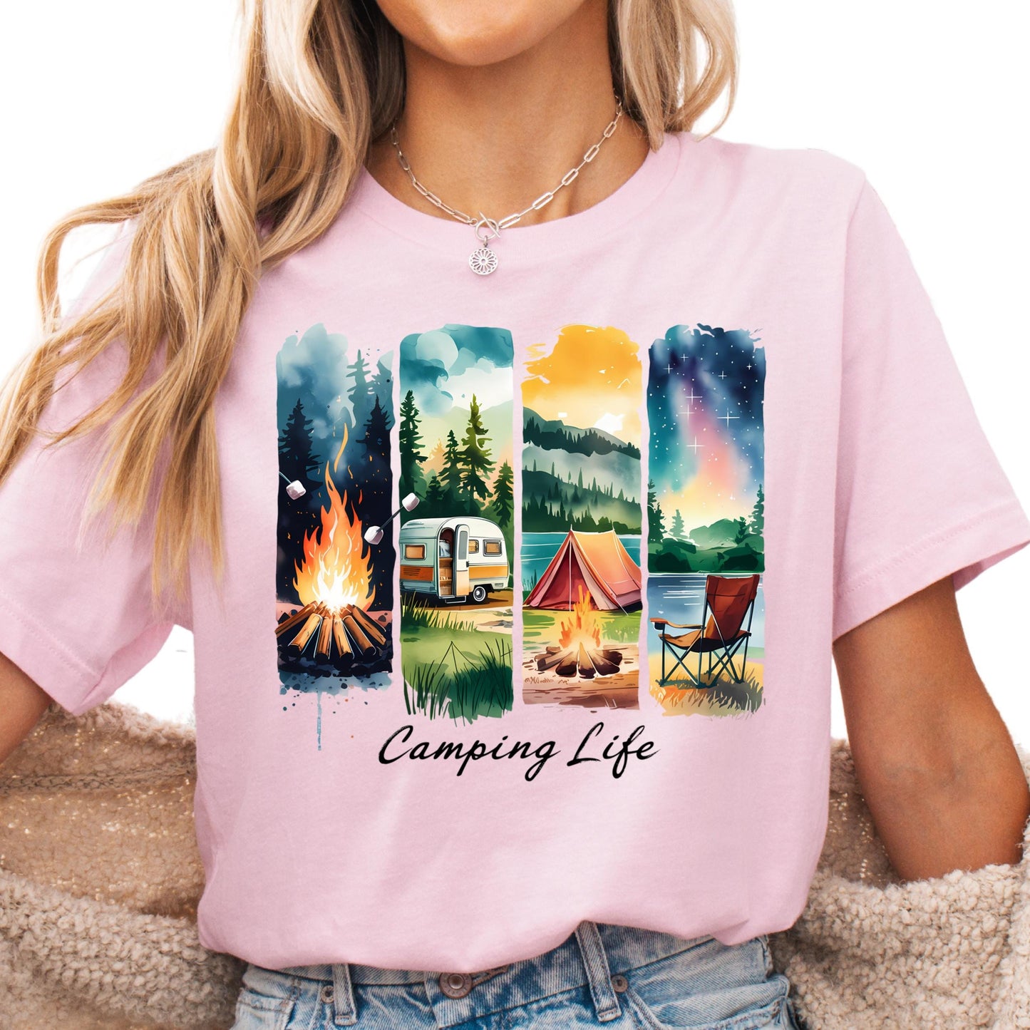 Camping Life Shirt, Colorful Campfire and RV Shirt, Nature Lover Gift, Tent and Forest Graphic Tee, Adventure Outdoors Shirt for Women