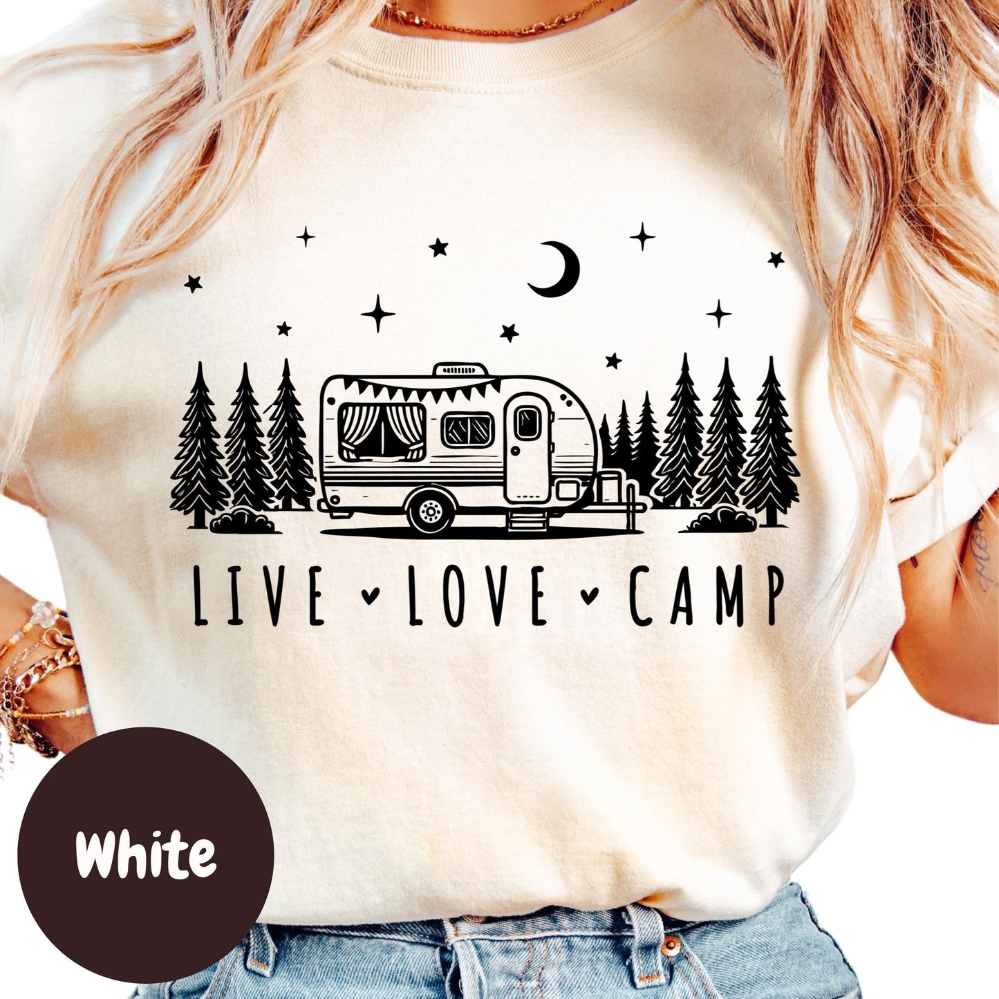 Live Love Camp Shirt, RV Camping Shirt for Women, Camper Graphic Tee, Forest Campfire Shirt, Outdoorsy Adventure Shirt, Retro Camping Tee