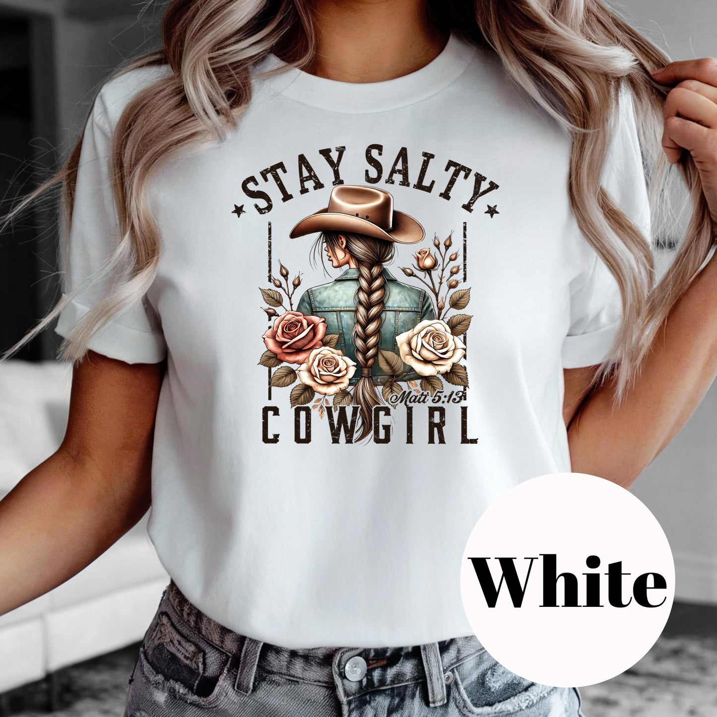 Stay Salty Cowgirl Shirt, Christian Western Sublimation Tee, Matthew 5:13 Shirt, Faith and Floral Graphic Tee, Vintage Faded Cowgirl Shirt
