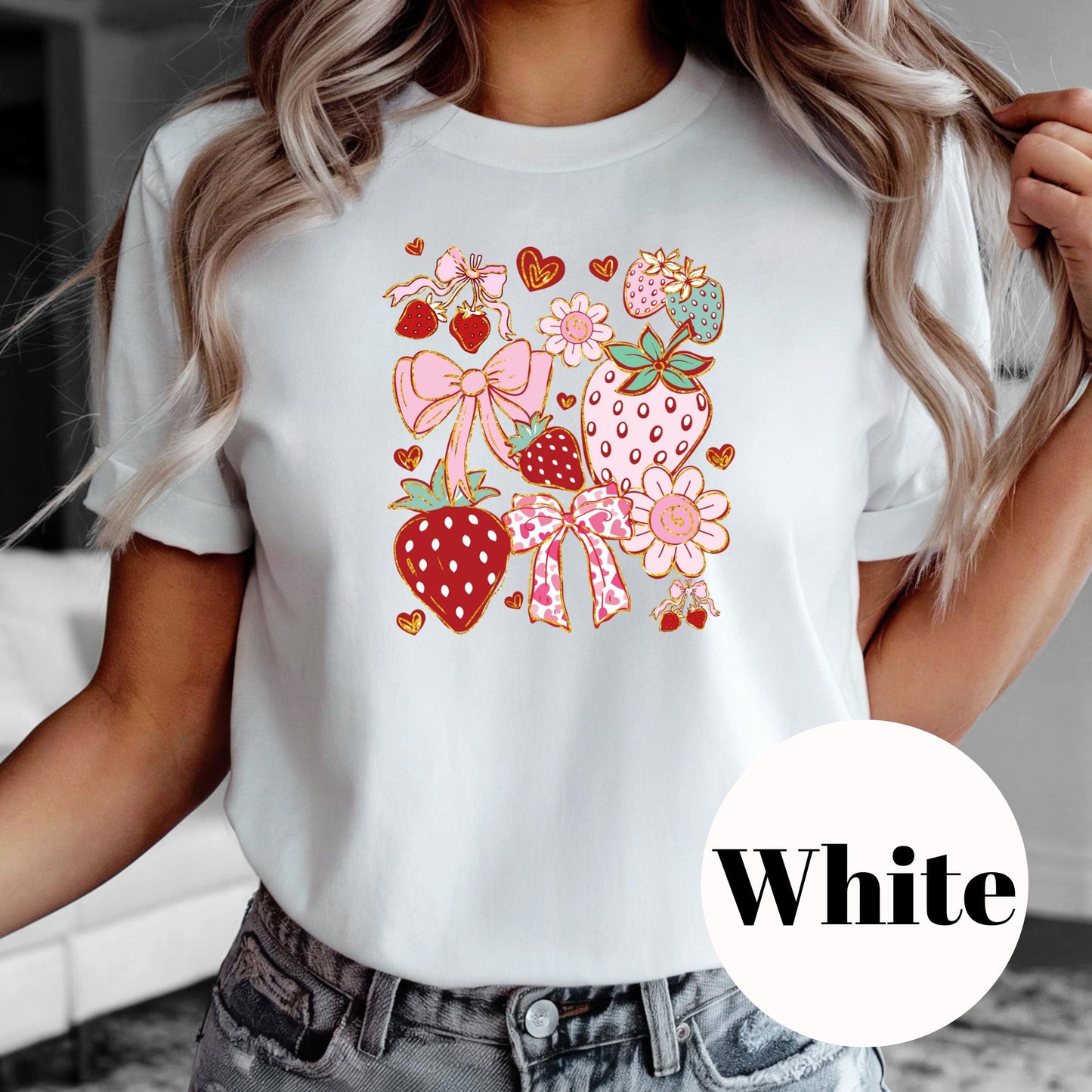 Strawberries and Bows Shirt, Cute Pink Sublimation Tee, Coquette Aesthetic T-Shirt, Vintage Faded Print Shirt, Girly Graphic Tee