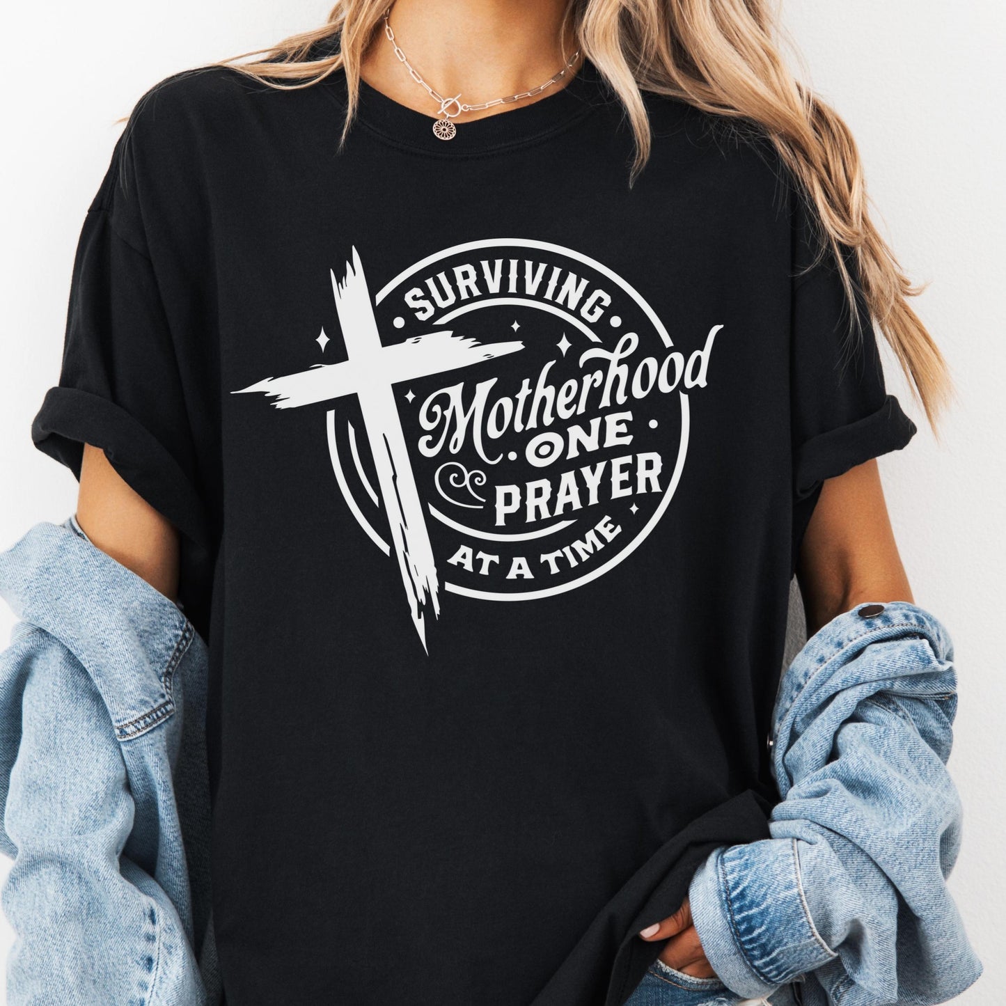 Surviving Motherhood One Prayer At A Time Shirt, Comfort Colors® Faith Based Mom Tee, Christian Mom Gift, Motherhood Shirt, Tired Mama Tee