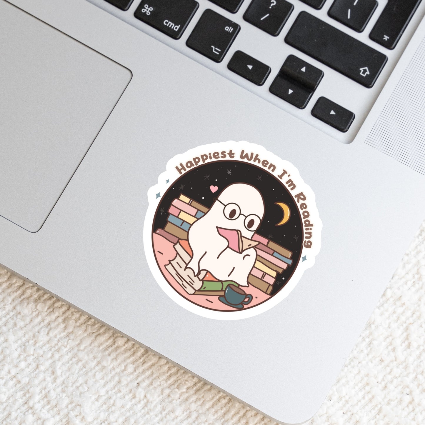 Happiest When I'm reading Ghost Reading Books β 3" Waterproof Bookish Sticker with Holo Overlay β Reading, Books, Reader Gift, Book Lover