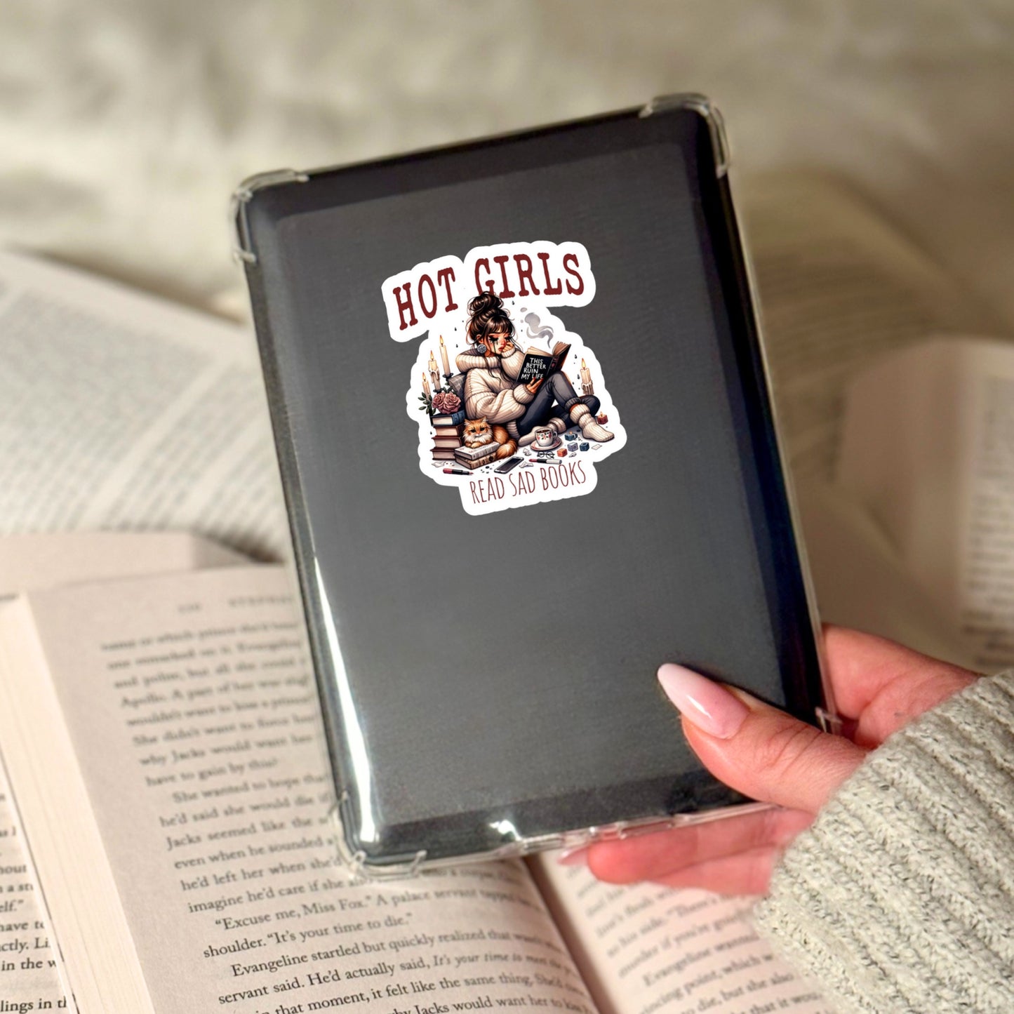 Hot Girls Read Sad Books β 3" Waterproof Bookish Sticker with Holo Overlay β Reading, Books, Reader Gift, Book Lover