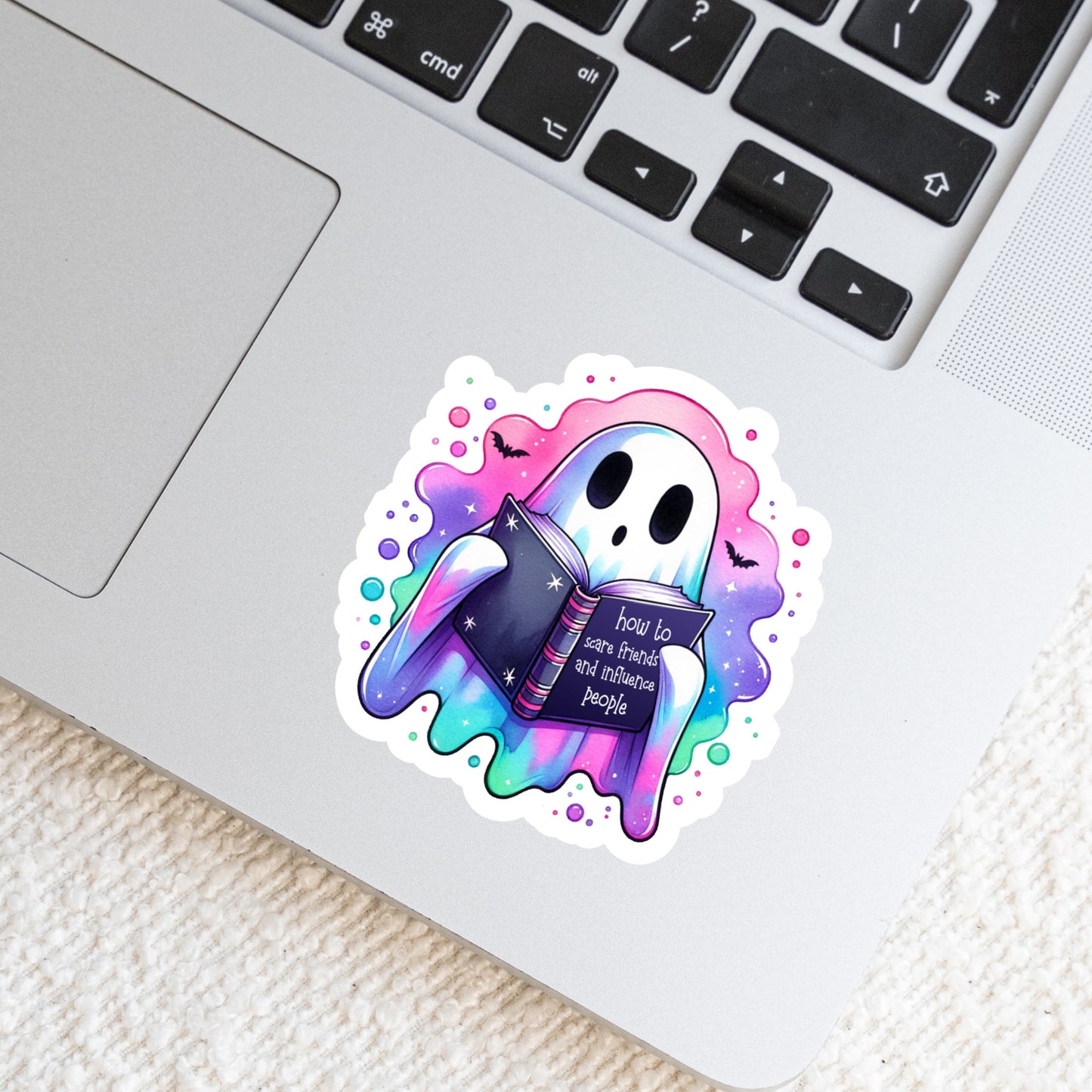 How To Scare Friends Funny Halloween Pink Ghost Reading β 3" Waterproof Bookish Sticker with Holo Overlay β Reading, Books, Reader Gift, Book Lover