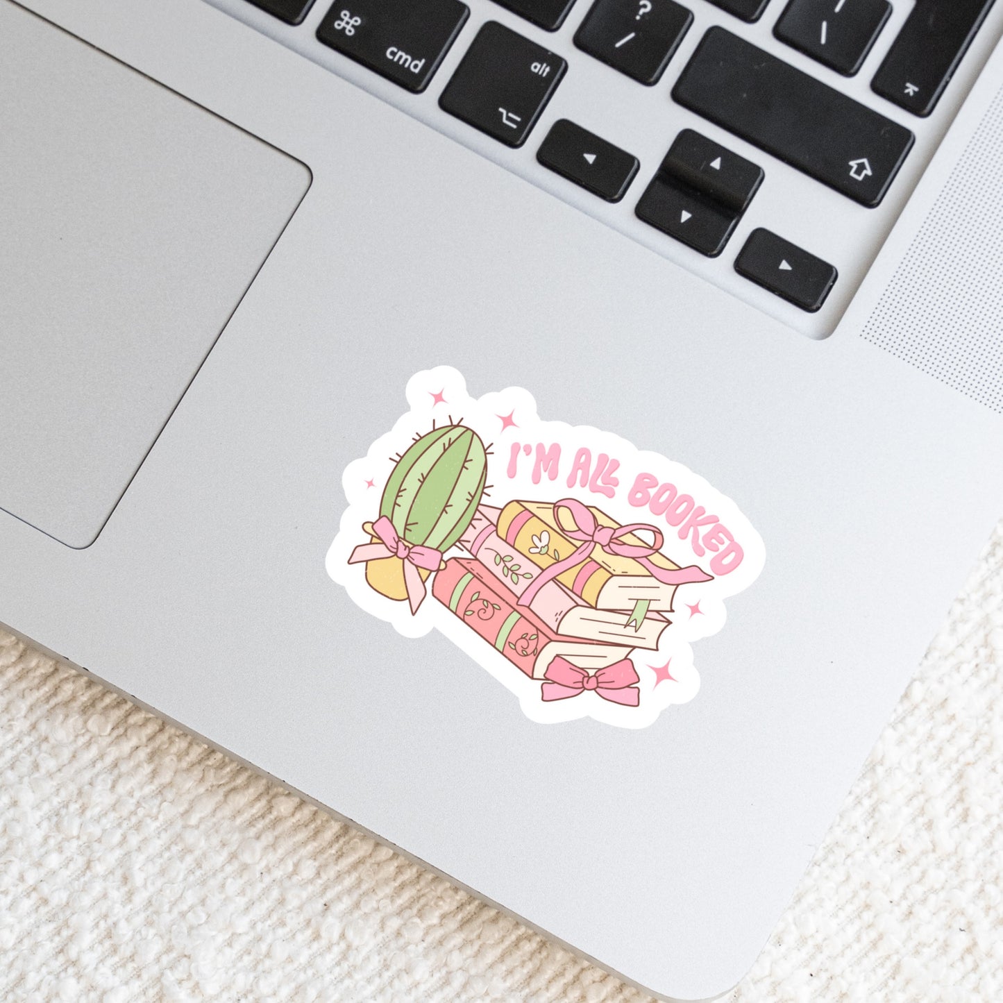 I'm All Booked Girly Pink Cactus Reading Sticker β 3" Waterproof Bookish Sticker with Holo Overlay β Reading, Books, Reader Gift, Book Lover