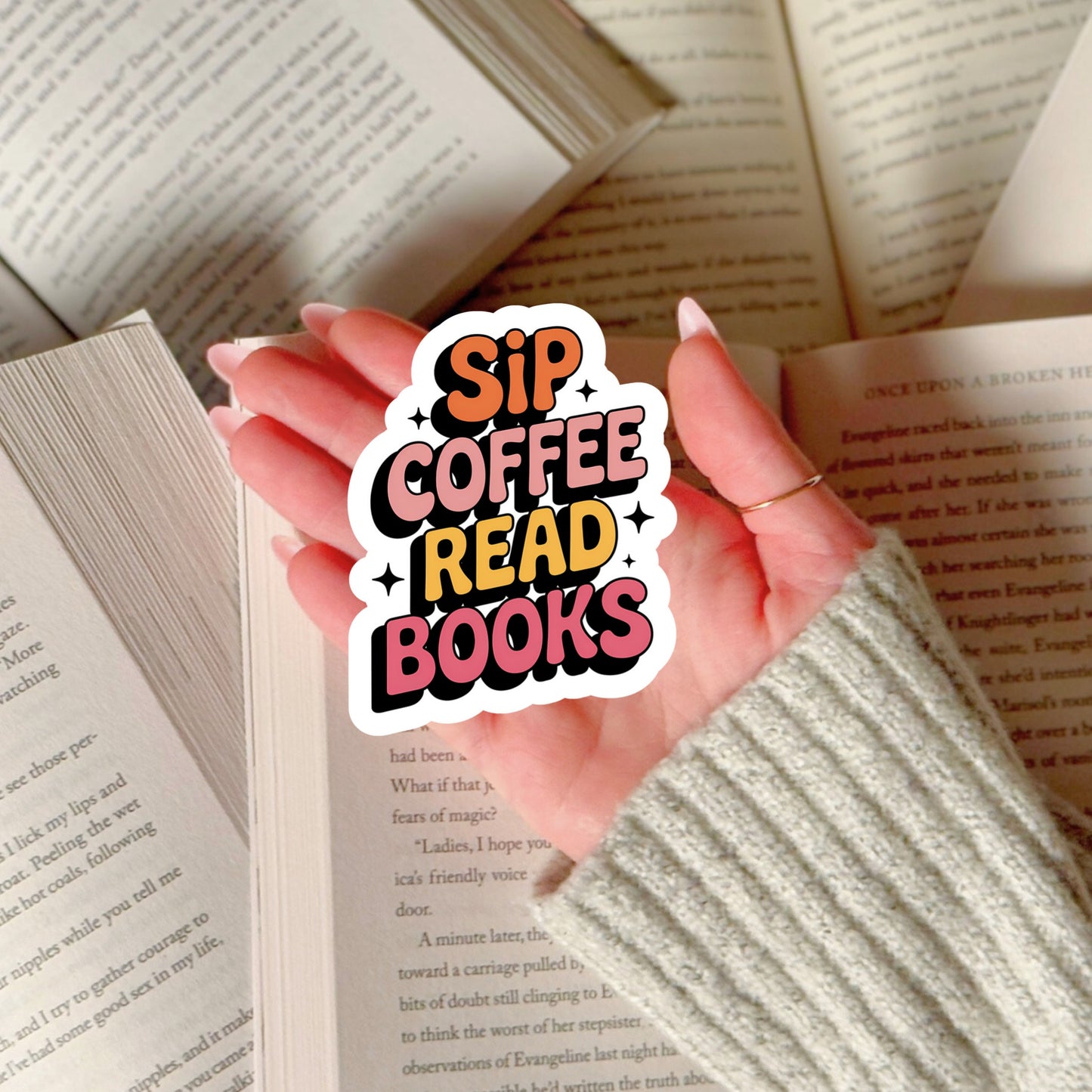 Sip Coffee Read Books Book Reader Sticker β 3" Waterproof Bookish Sticker with Holo Overlay β Reading, Books, Reader Gift, Book Lover, Bookstore Merch