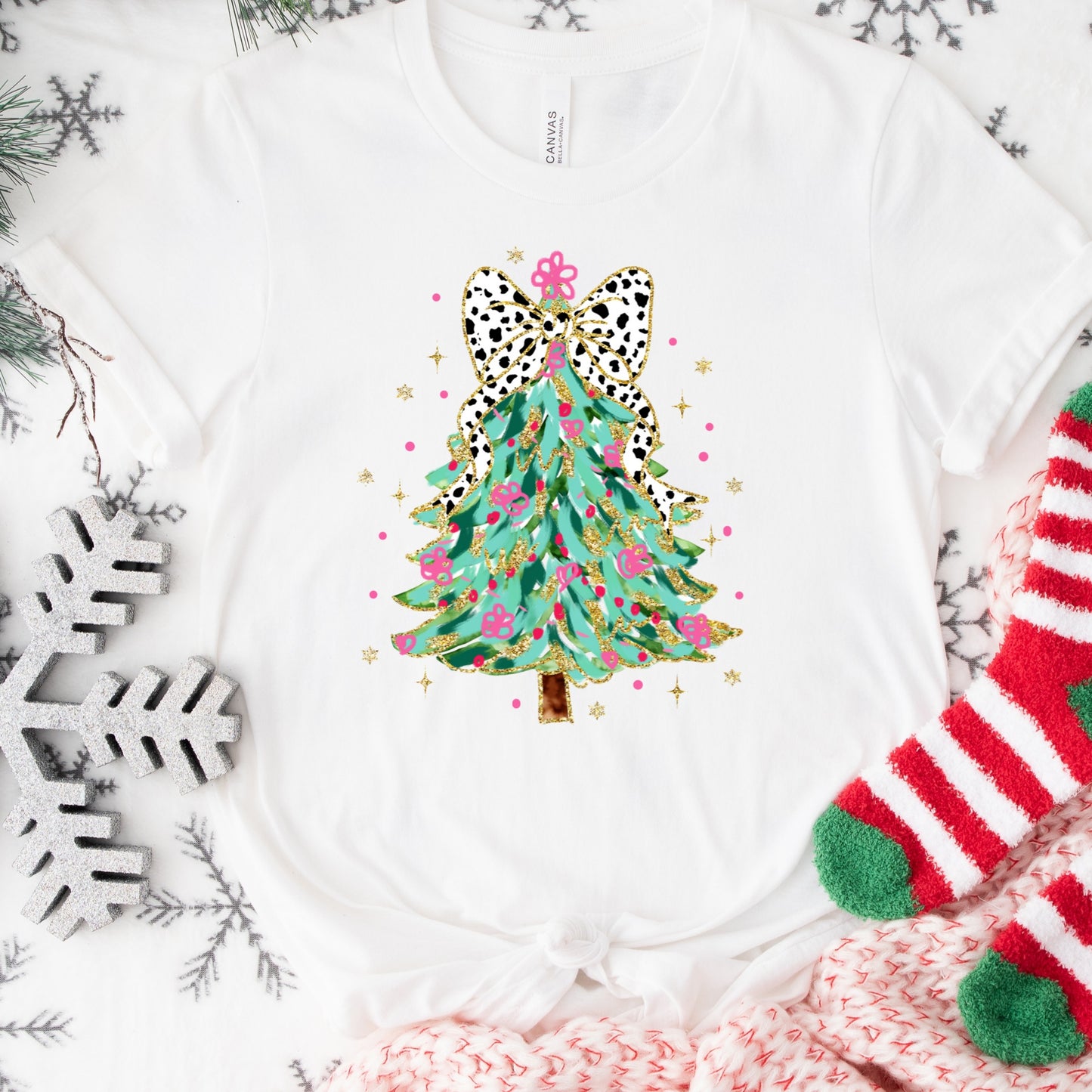 Christmas Shirt: Leopard Bow Tree – Pink and Gold Holiday Tee or Sweatshirt