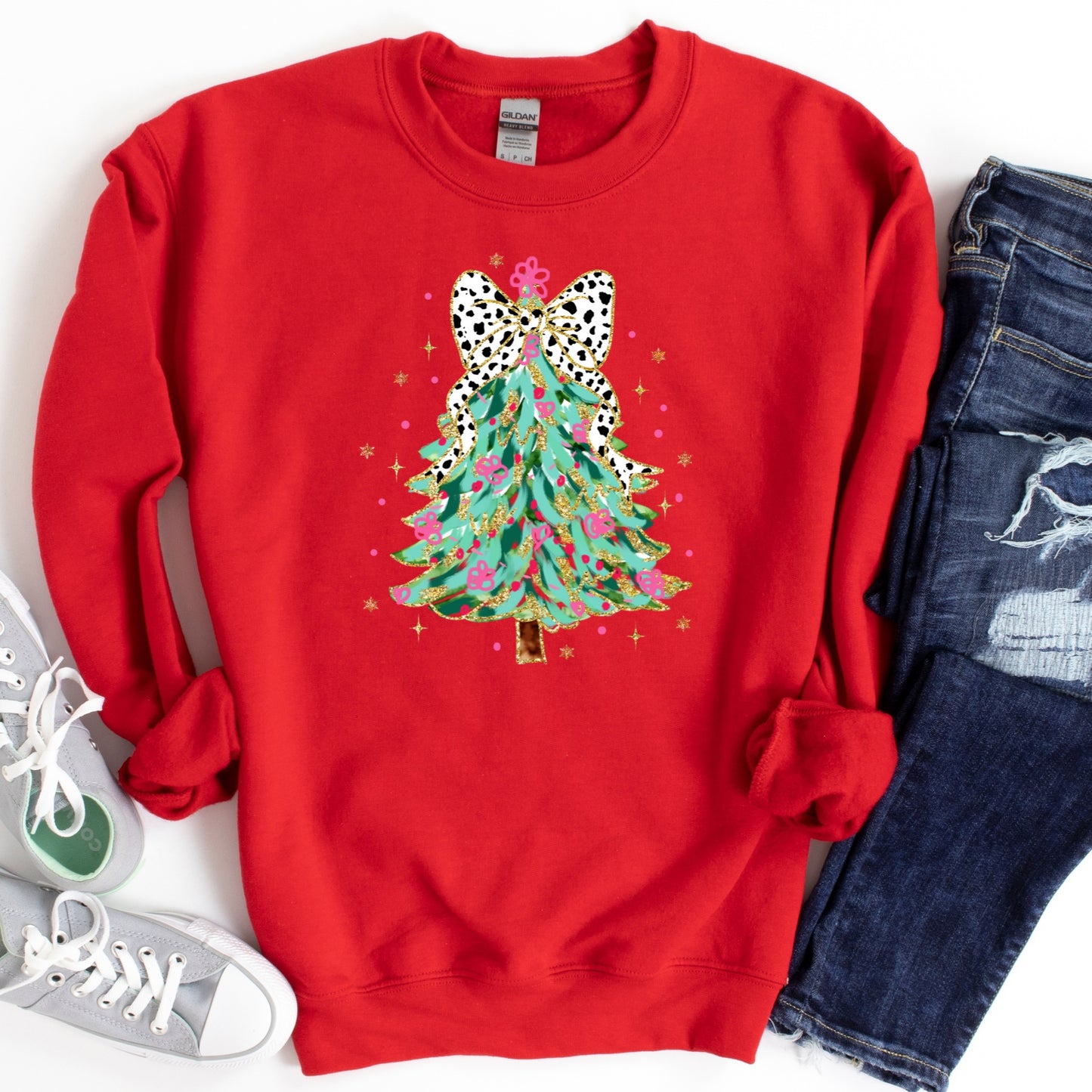 Christmas Shirt: Leopard Bow Tree – Pink and Gold Holiday Tee or Sweatshirt