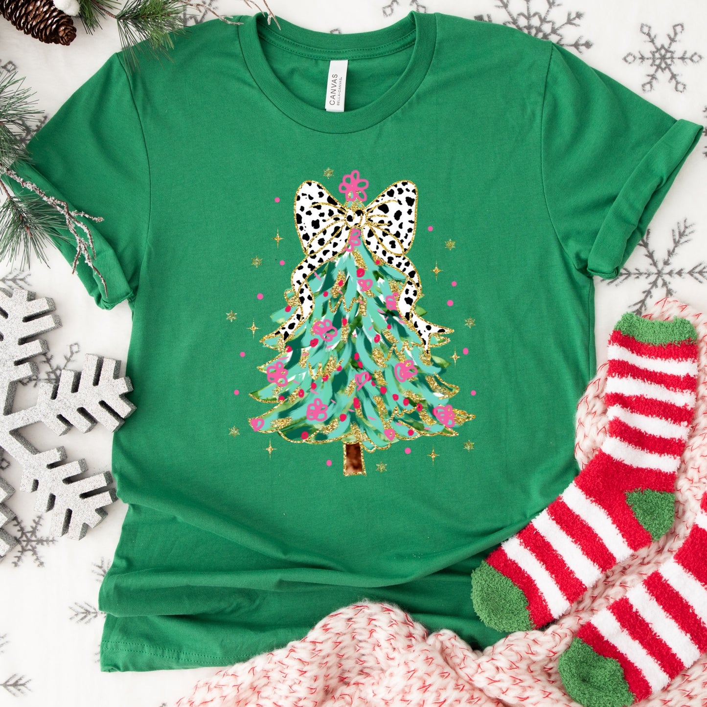 Christmas Shirt: Leopard Bow Tree – Pink and Gold Holiday Tee or Sweatshirt