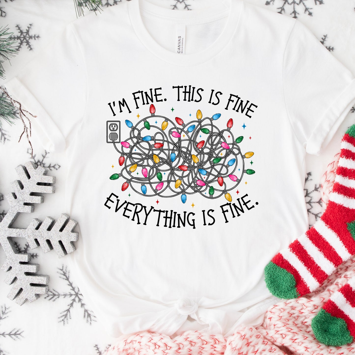 I’m Fine Christmas Lights Shirt or Sweatshirt – Funny Holiday Top – S-4XL Plus Size – Multiple Colors