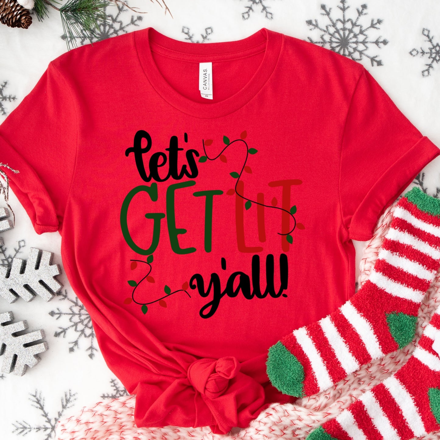 Let’s Get Lit Y’all Shirt or Sweatshirt – Funny Christmas Lights Top – S-4XL Plus Size – Multiple Colors