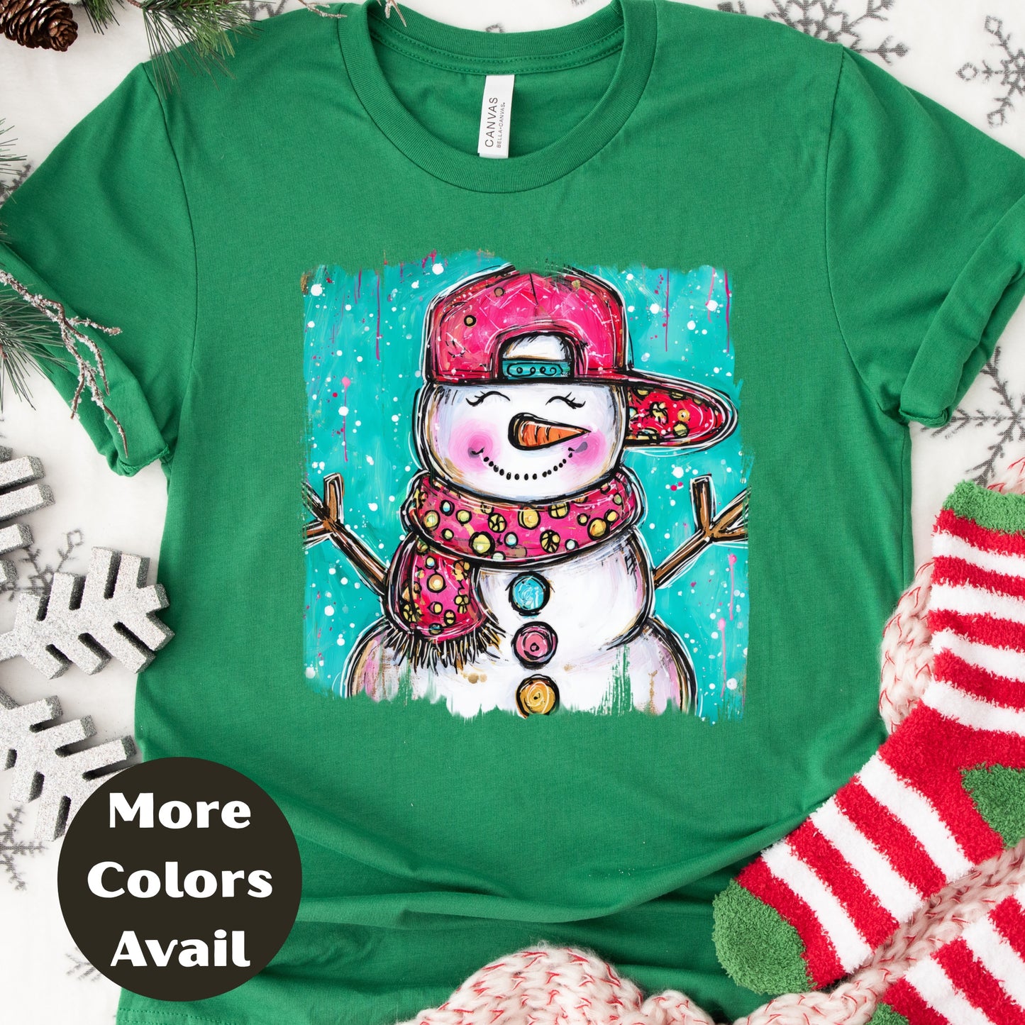 Cool Snowman Christmas Shirt or Sweatshirt – Small-4XL and Plus Size – Holiday Top with Snapback Hat – Multiple Colors