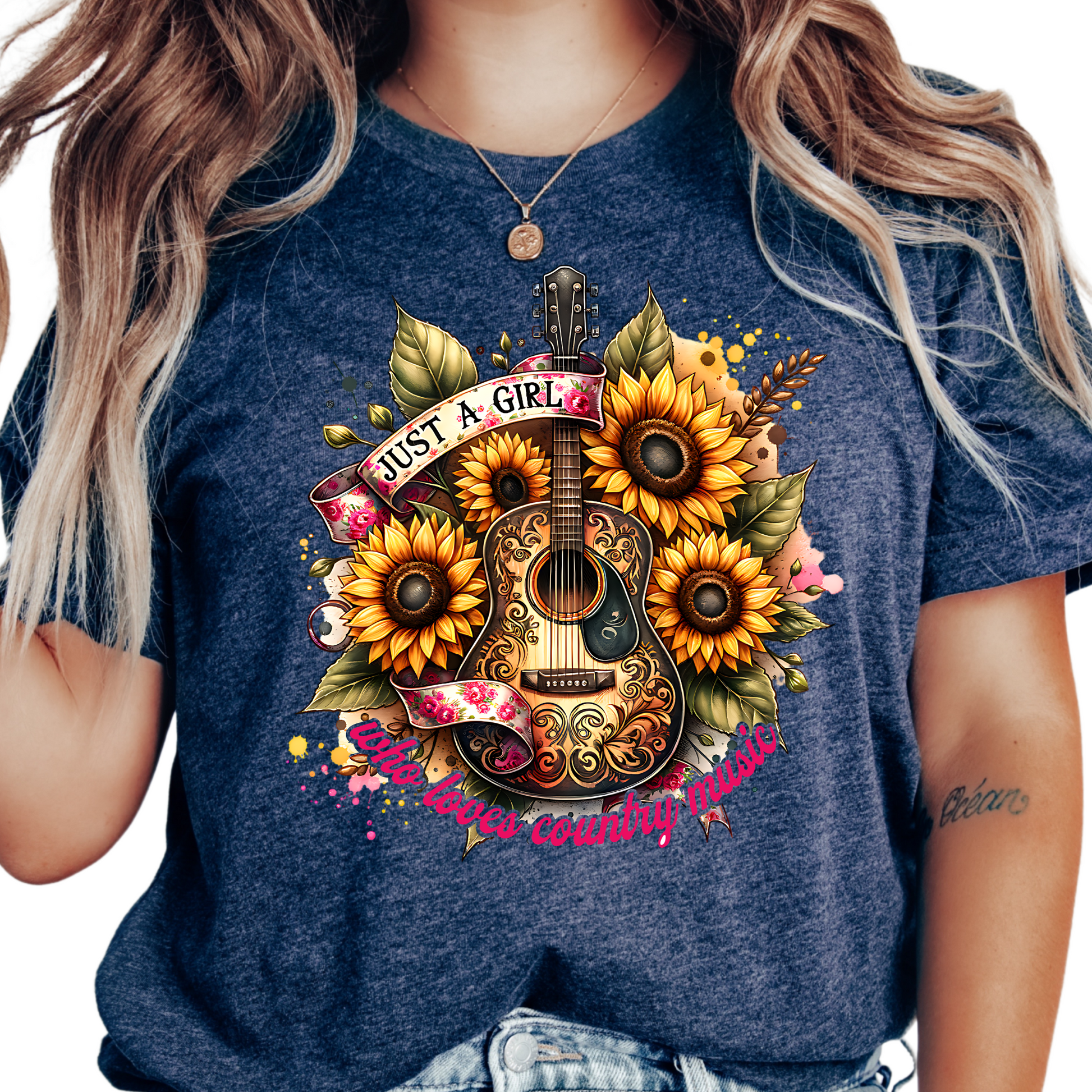a woman wearing a t - shirt with a guitar and sunflowers on it