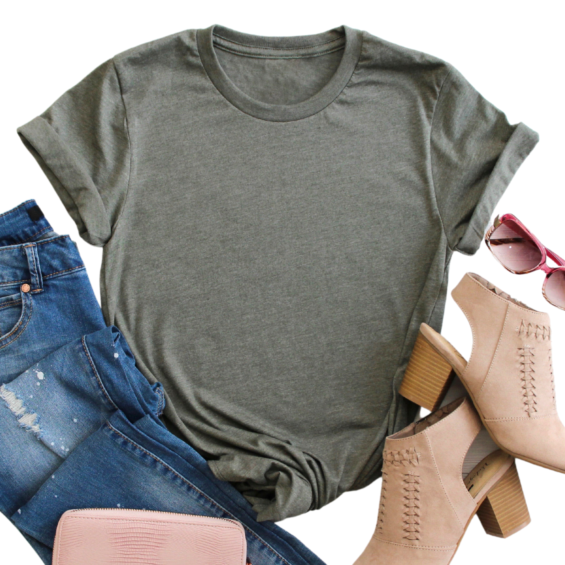 a pair of jeans, a t - shirt, and a pair of heels are