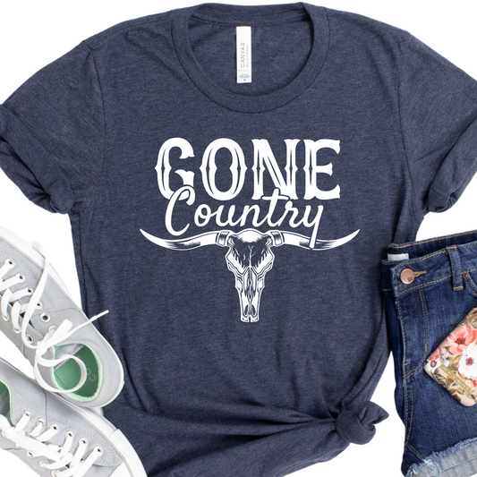 Gone Country Shirt - Western Cow Skull Graphic Tee - Country Music Lover Gift - Rustic Country Life T-Shirt - Southern Style Shirt for Women