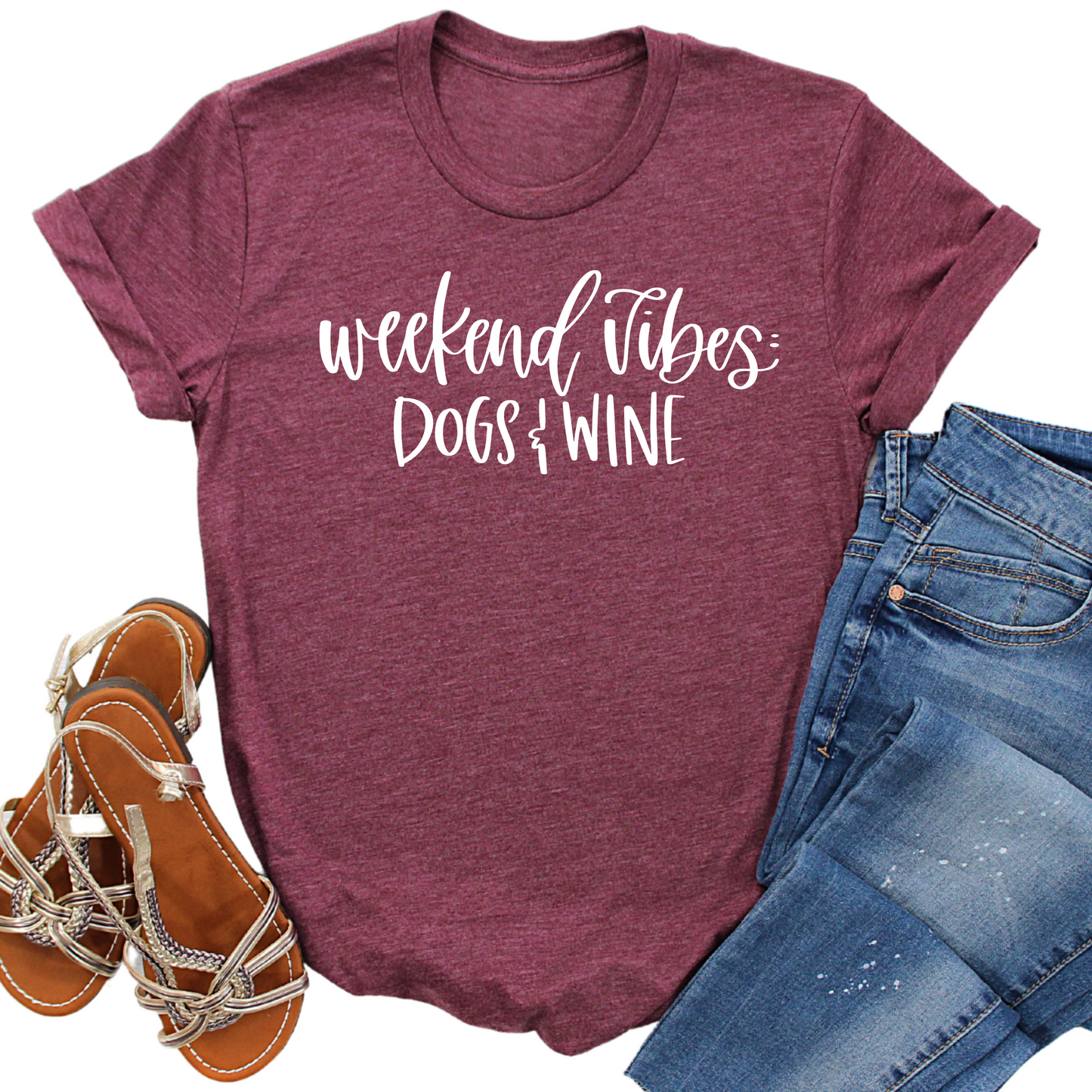 Weekend Vibes Dogs and Wine T-Shirt - Funny Dog Lover Gift - Wine Lover Tee - Weekend Relaxation Shirt for Women - Pet and Wine Shirt