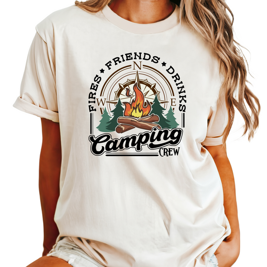 Fires Friends Drinks Camping Crew T-Shirt - Outdoor Adventure Graphic Tee - Campfire Lovers Shirt - Hiking Camping Trip Apparel