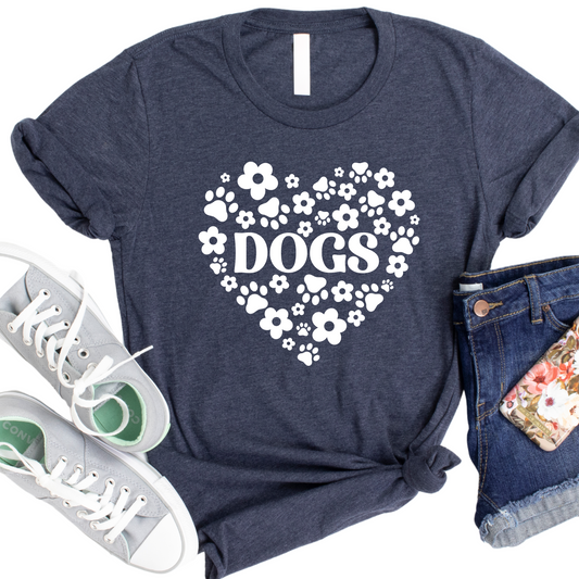 Floral Heart Dogs T-Shirt - Cute Dog Lover Graphic Tee - Paw Print Pet Mom Shirt - Animal Lover Gift - Casual Dog Apparel for Women