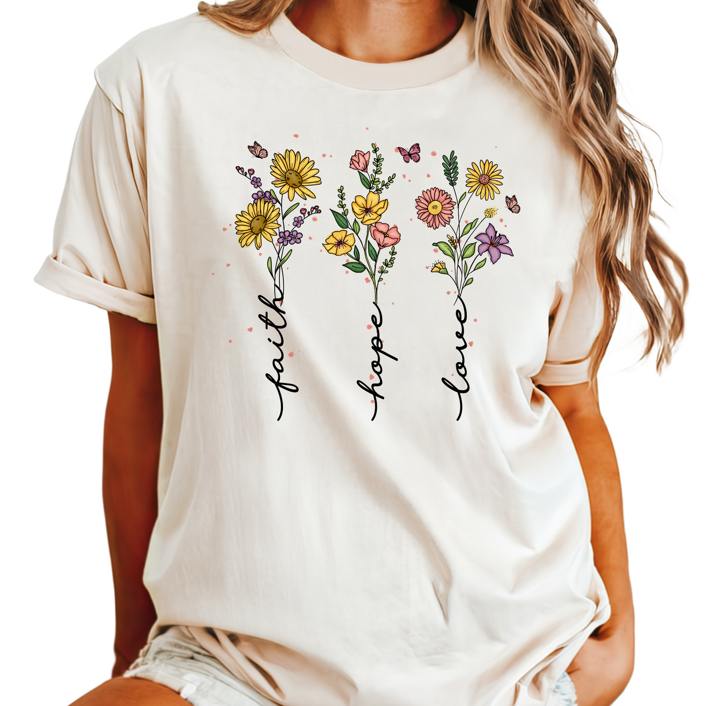 Faith Hope Love Floral T-Shirt - Christian Inspirational Graphic Tee - Boho Flower Design Shirt - Encouraging Gift for Women