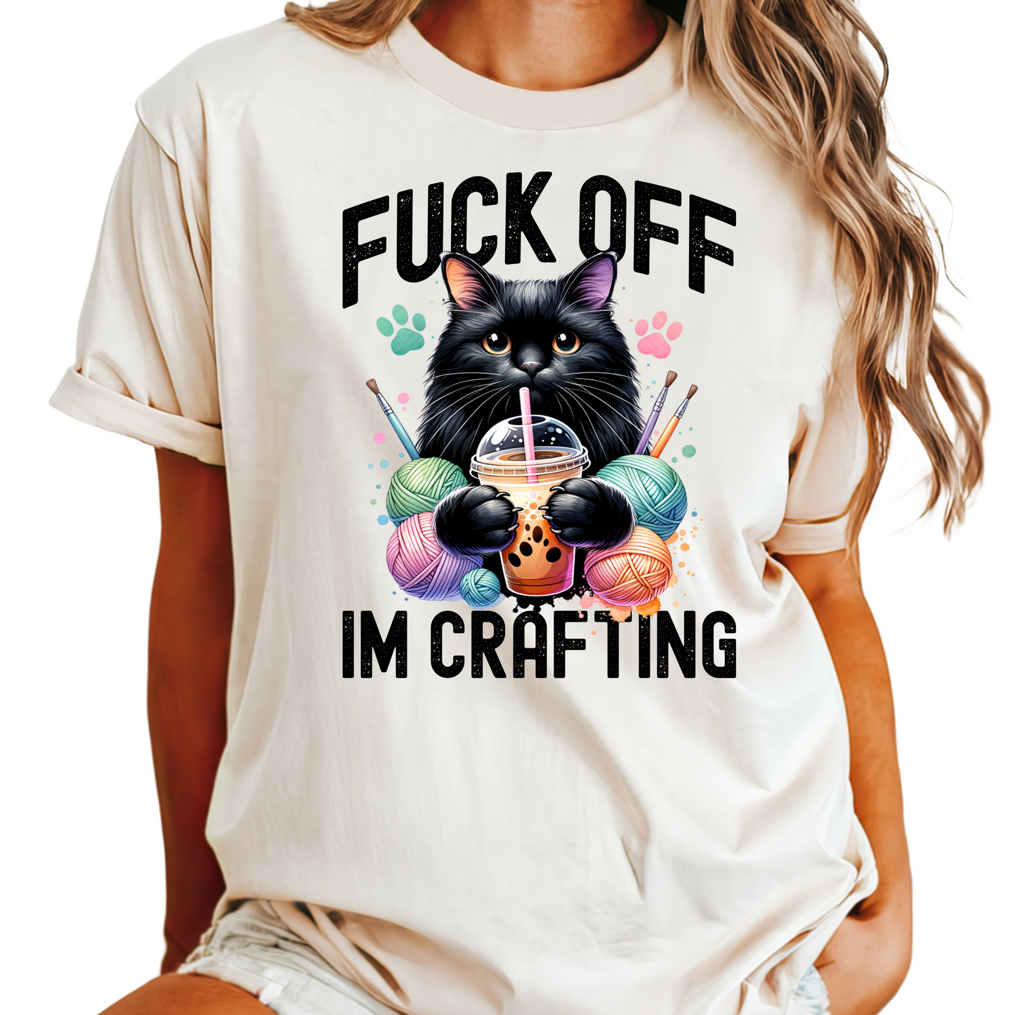 Funny Cat Crafting T-Shirt - Fuck Off I'm Crafting Graphic Tee - Sassy Yarn Lover Shirt - Perfect Gift for Crafters and Cat Lovers