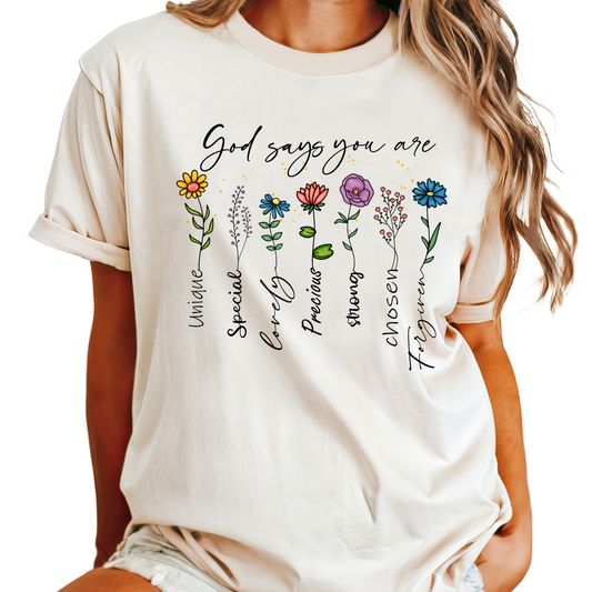 God Says You Are T-Shirt - Inspirational Christian Graphic Tee - Faith-Based Floral Shirt - Encouraging Religious Apparel for Women