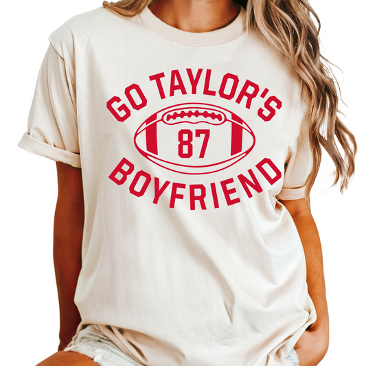 Go Taylor's Boyfriend T-Shirt - Football Fan Graphic Tee - Fun Game Day Shirt for Sports Fans - Humorous Tailgate Apparel - Super Bowl