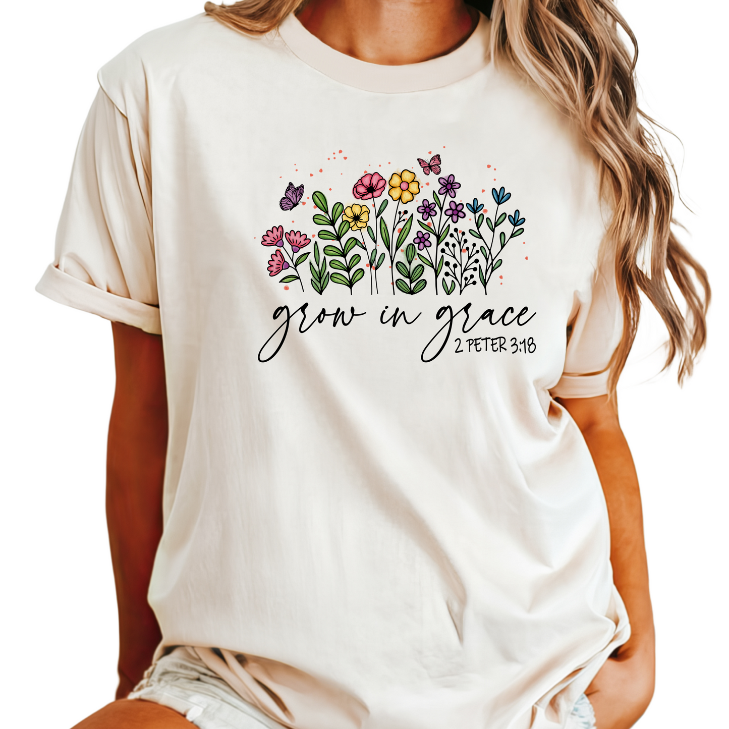 Grow in Grace T-Shirt - Christian Scripture Tee with Floral Design - Inspirational 2 Peter 3:18 Shirt - Faith-Based Gift for Women