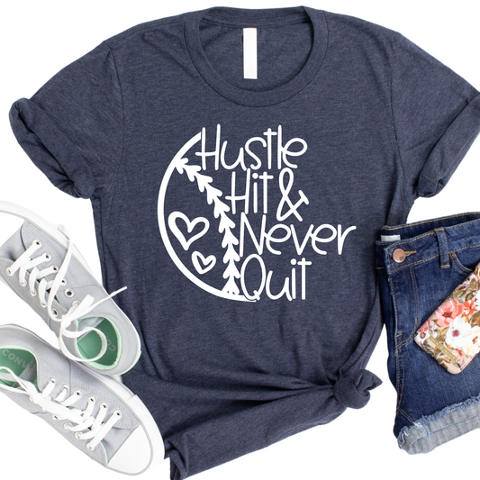 Hustle Hit & Never Quit T-Shirt - Motivational Sports Tee - Softball Player Shirt - Inspirational Athletic Graphic Tee - Gift for Athletes