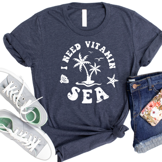 I Need Vitamin Sea T-Shirt - Beach Vacation Graphic Tee - Tropical Palm Tree Shirt - Summer Coastal Shirt - Ocean Lover Gift