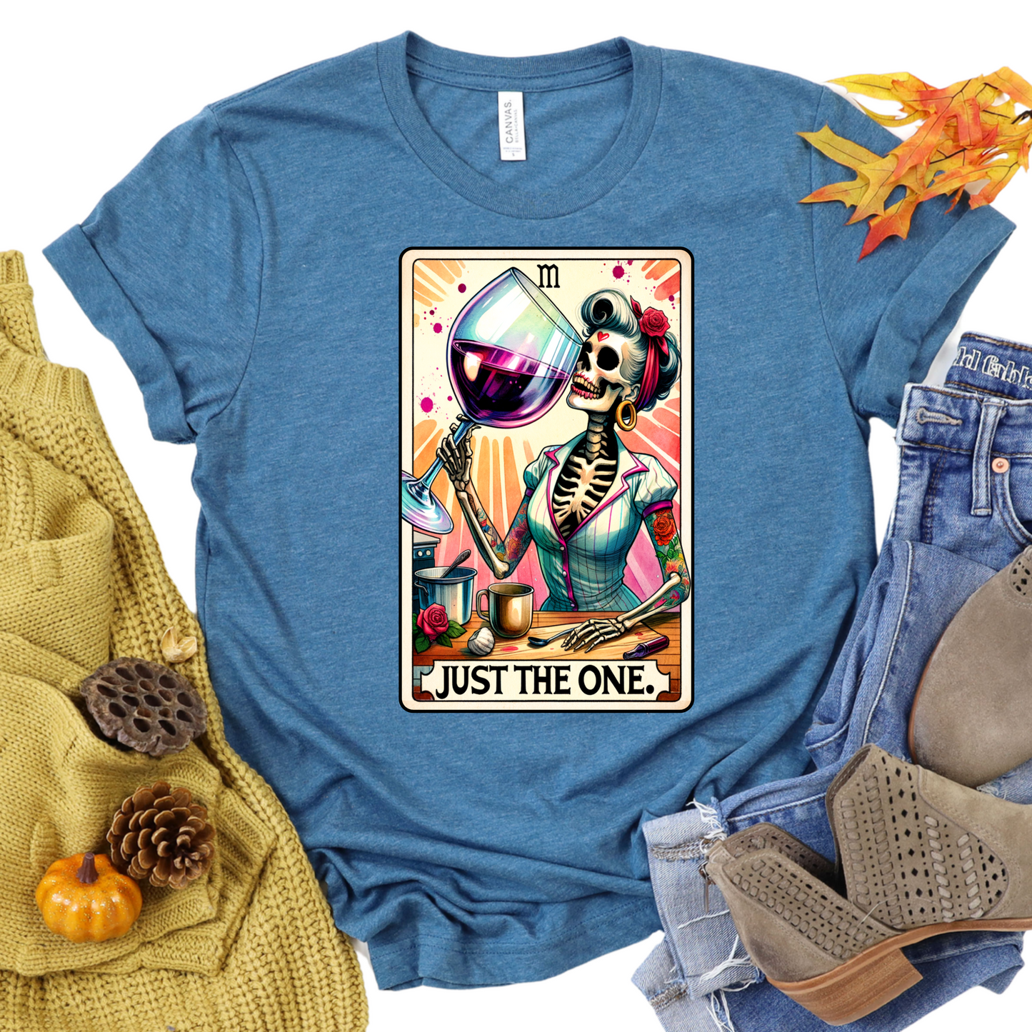 Tarot Card Wine Lover T-Shirt - Just The One Graphic Tee - Funny Halloween Drinking Shirt - Retro Skeleton Art - Wine Enthusiast Gift