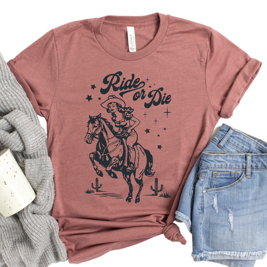 Ride or Die Cowboy T-Shirt - Western Cowgirl Graphic Tee for Women - Retro Rodeo Style Shirt - Country Outfit Idea - Casual Cowgirl Gift