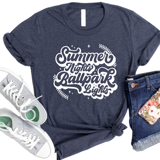 Summer Nights Ballpark Lights Shirt - Baseball Lover Graphic Tee - Softball Mom T-Shirt - Fun Summer Baseball Fan Apparel