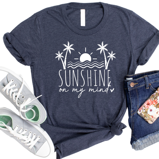 Sunshine on My Mind T-Shirt - Beach Graphic Tee with Palm Trees - Summer Vacation Shirt - Casual Coastal Outfit for Sunny Days