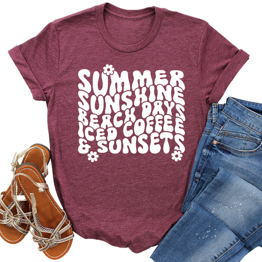 Summer Sunshine Beach Days T-Shirt - Retro Graphic Tee for Summer Vibes - Iced Coffee and Sunsets Shirt - Trendy Summer Outfit