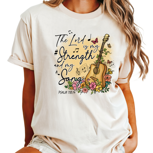 The Lord Is My Strength and Song T-Shirt - Psalm 118:14 Christian Graphic Tee - Inspirational Bible Verse Shirt - Faith-Based Gift