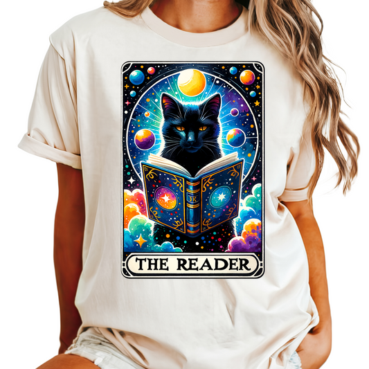 The Reader Cat Tarot T-Shirt - Mystical Black Cat Graphic Tee - Cosmic Cat Lover Shirt - Gift for Book Reader - Book Lover Gift