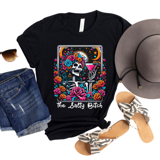 The Salty Bitch Skeleton Tarot T-Shirt - Vibrant Cocktail and Floral Graphic Tee - Funny Gothic Shirt for Halloween and Spooky Aesthetic