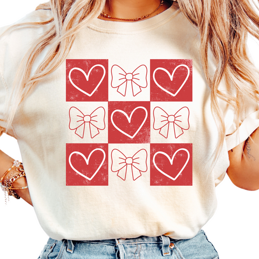 Valentine's Day Checkered Heart and Bow T-Shirt - Cute Valentine's Graphic Tee - Trendy Red and White Shirt for Women - Gift for Her