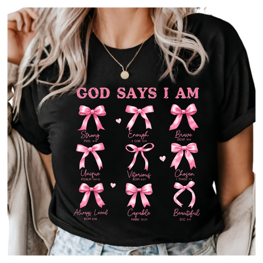 God Says I Am Christian T-Shirt - Faith-Based Coquette Pink Bow Graphic Tee - Inspirational Religious Shirt for Women - Bible Verse Tee