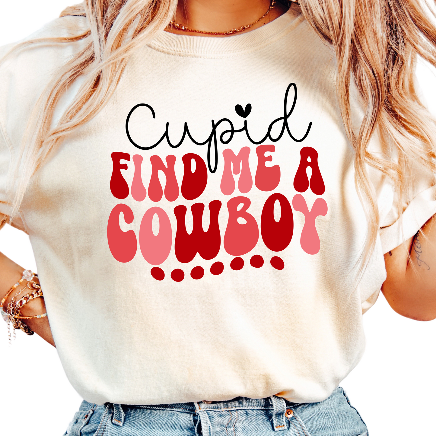 Cupid Find Me a Cowboy T-Shirt - Valentine's Day Graphic Tee - Western Style Valentine's Shirt - Funny Romantic Cowgirl Gift