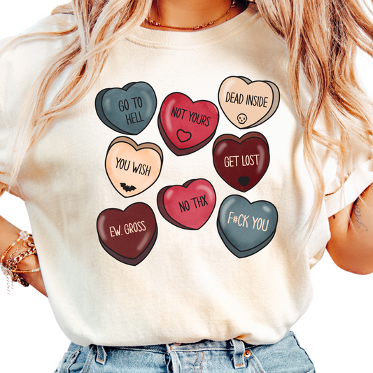 Anti-Valentine's Day T-Shirt - Funny Candy Hearts Graphic Tee - Sarcastic Valentine's Day Outfit - Unique Dark Humor Shirt for Women