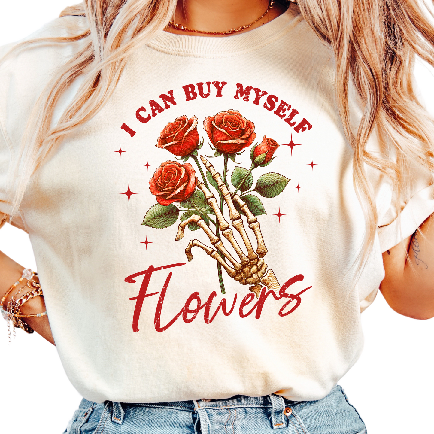 I Can Buy Myself Flowers Shirt - Retro Skeleton Hand Rose Graphic Tee - Funny Empowerment Valentine's Day Shirt for Women