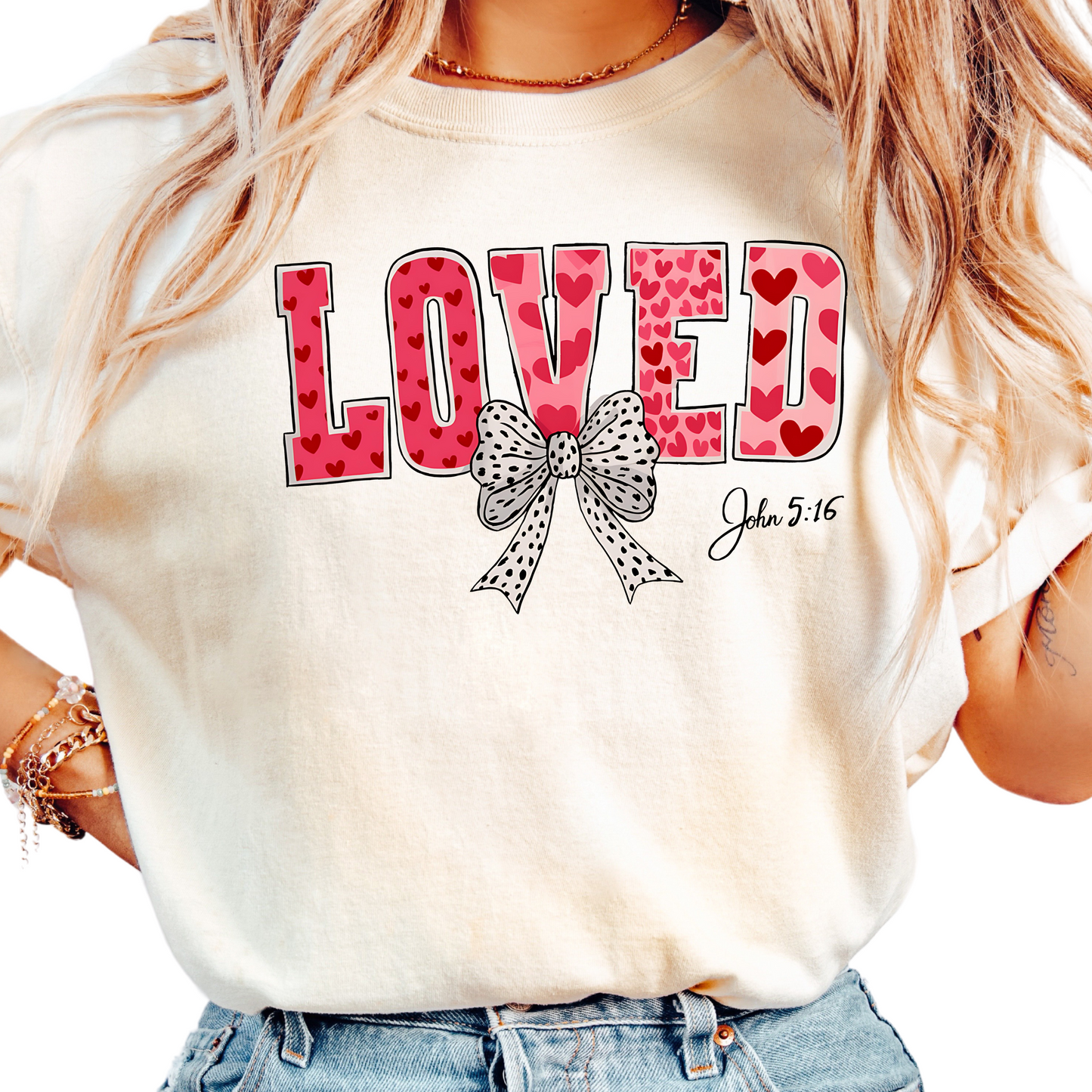 Valentine’s Day Loved T-Shirt - Christian Heart Design with John 5:16 - Faith-Based Graphic Tee - Inspirational Shirt for Women